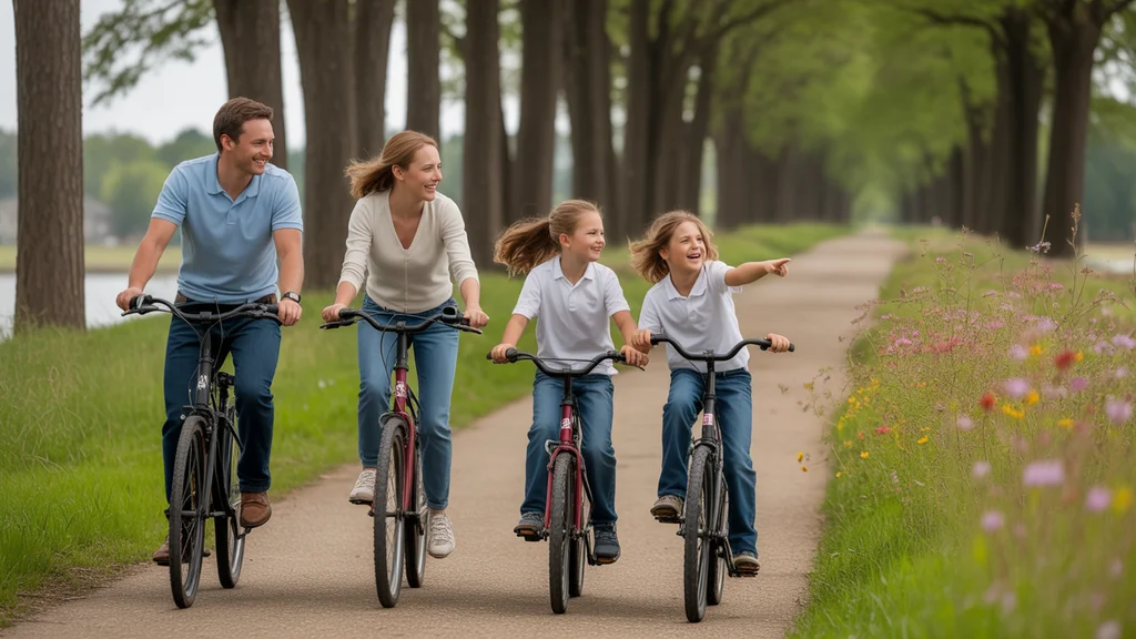 A family enjoys a leisurely bike ride on a scenic trail in Mt Juliet, Tennessee