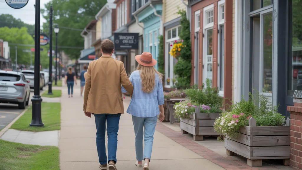 Friends walk and chat on a charming mixed-use street in Madison, Tennessee