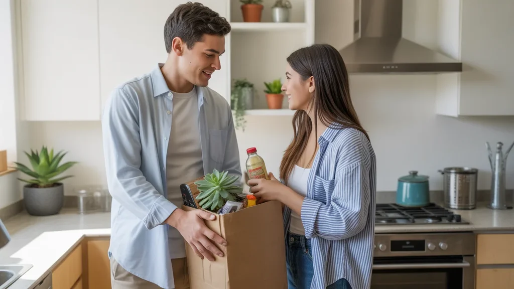 Couple unpacks groceries in modern Irvine apartment kitchen