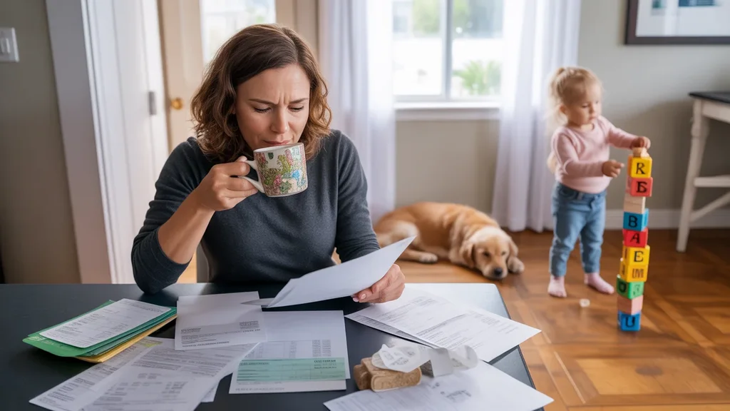 Woman reviewing bills and receipts at kitchen table while her daughter plays nearby