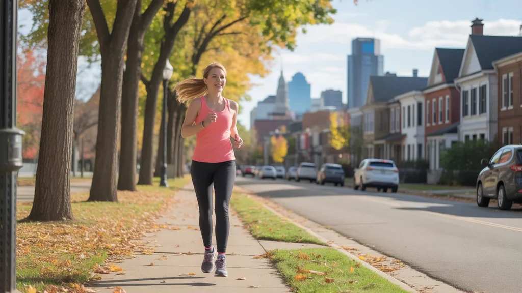 Woman jogging on sidewalk in Louisville with fall foliage and city skyline