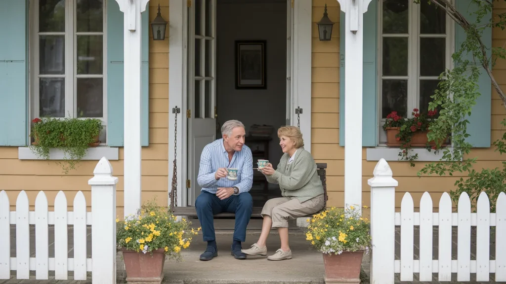 Older couple relaxing on porch of their home in Versailles
