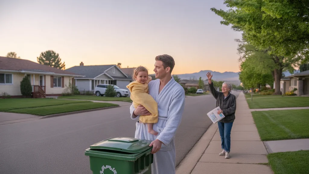 Father rolling recycling bin to curb while holding baby daughter on quiet Lakewood street at sunrise