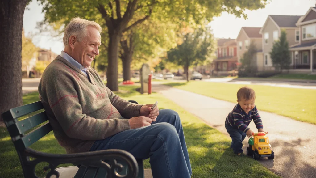Elderly man sitting on park bench watching grandson play with toy truck in West Valley City, Utah
