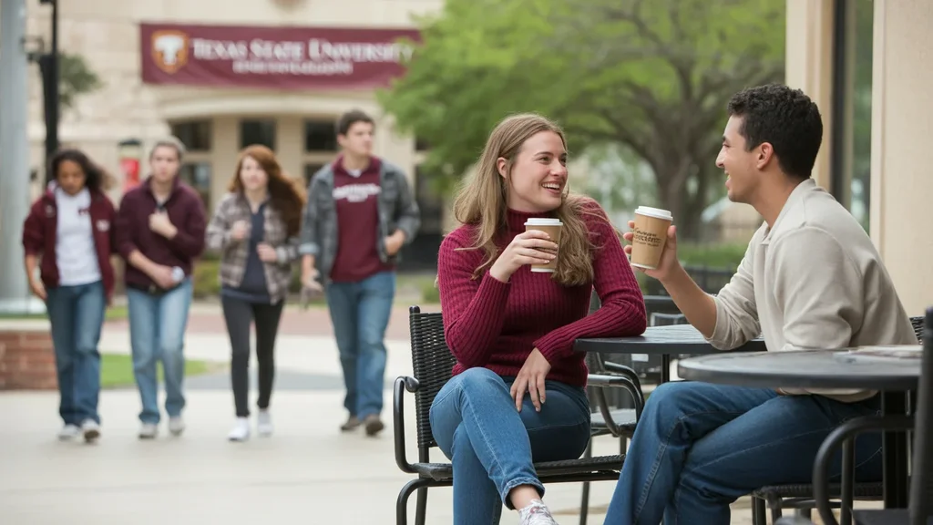 Friends having coffee outdoors in San Marcos near Texas State University campus