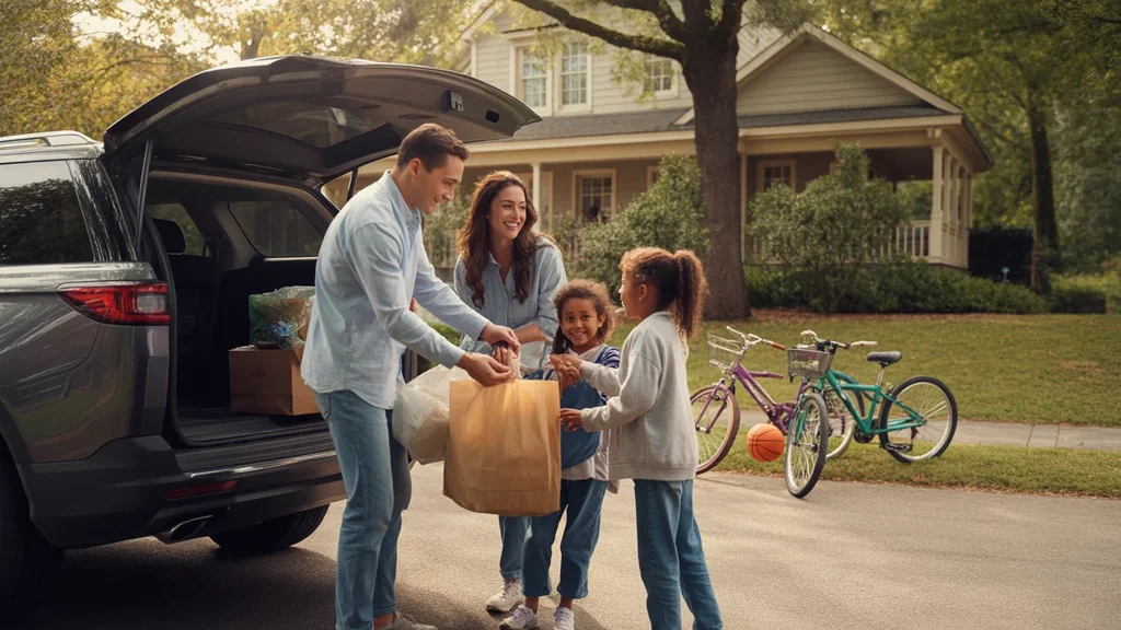 A family unloading groceries in the driveway of their suburban Marietta home at sunset