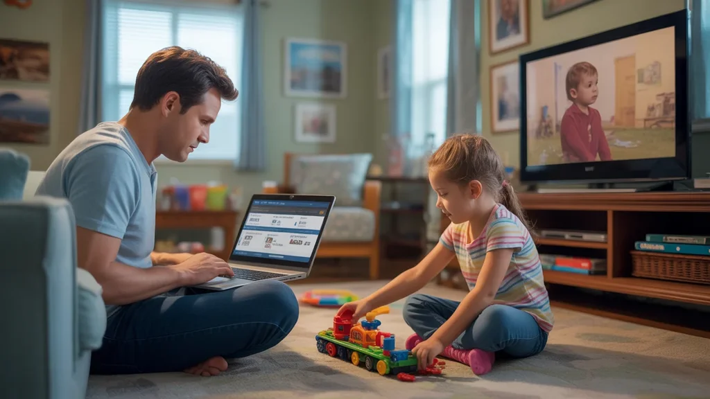 Father browsing internet on laptop while daughter plays in Valley Station living room