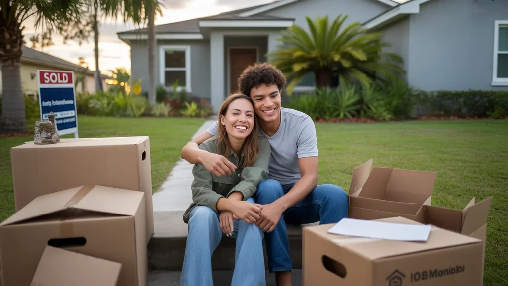 A couple rests on the front steps of their new home in Orlando, surrounded by moving boxes at sunset.