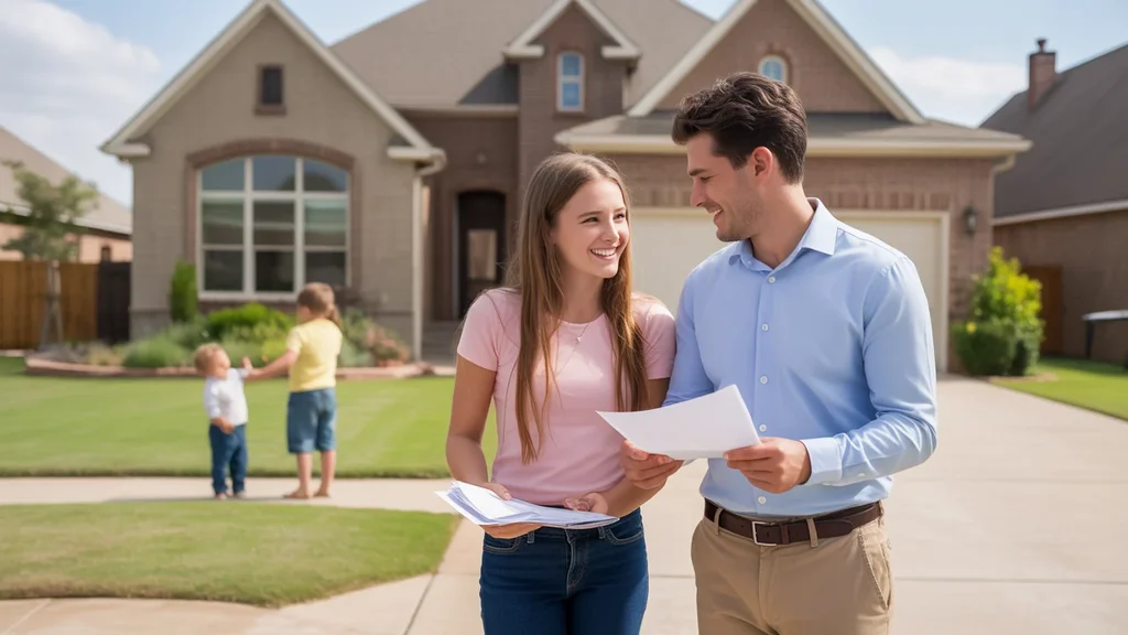 Family discusses paperwork with realtor outside their new home in Edmond, Oklahoma