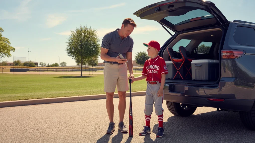 Father and son loading baseball gear into SUV trunk at park in Edmond, Oklahoma