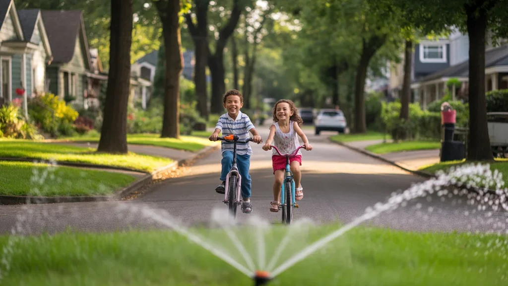 Two children riding bikes on a leafy Portland cul-de-sac as a sprinkler mists a nearby lawn on a sunny day.