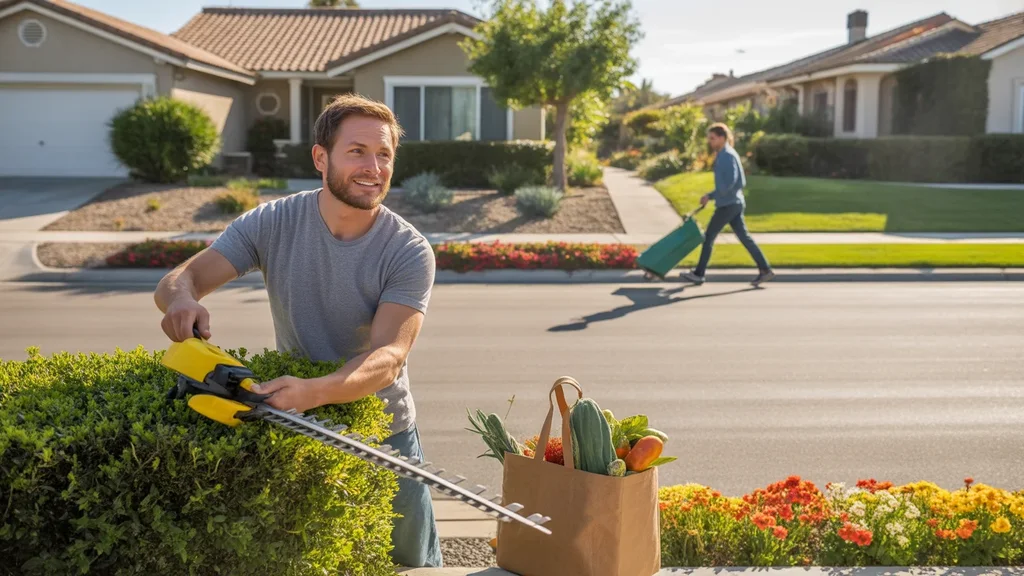 Man trimming hedges in front of suburban home in Murrieta, California