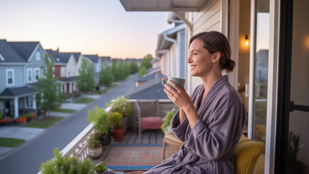 Woman drinking coffee on balcony overlooking Apex neighborhood at sunrise
