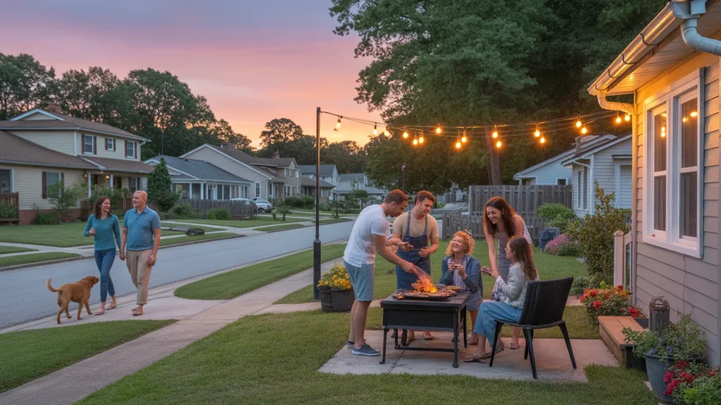 Friends gathered around a grill on a backyard patio in Douglasville, GA at sunset