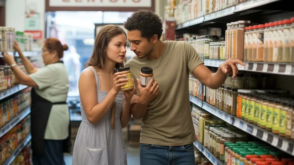 A couple compares spices while shopping at a local ethnic market in Hillsboro, Oregon.