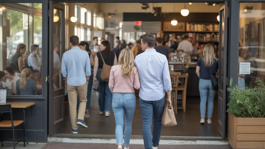 A couple enters a busy coffee shop in Antioch, Tennessee