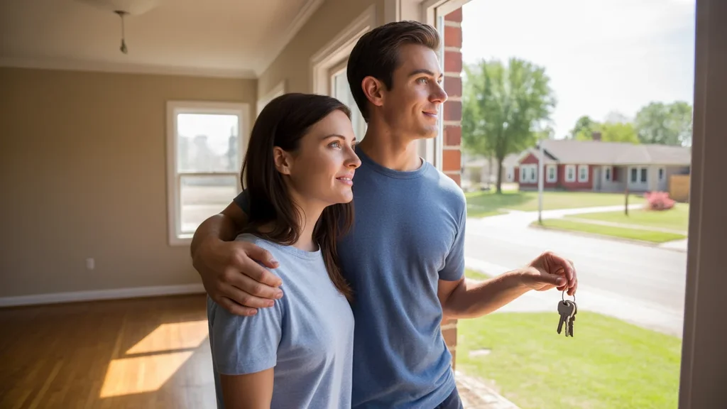 A couple stands in an empty living room looking out the window of their new home