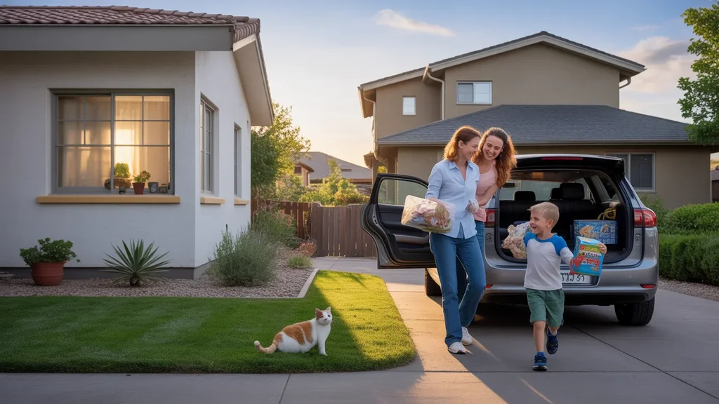 Broomfield cul-de-sac at sunset, family arriving home next to house with cat in window