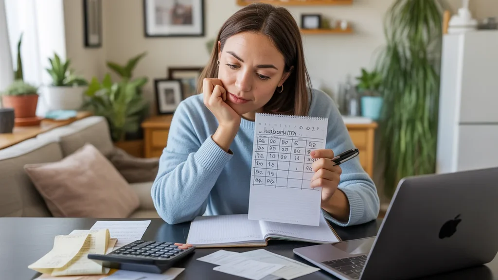 Woman reviewing monthly budget at kitchen table in Oklahoma City apartment