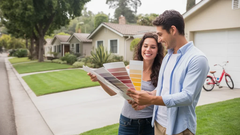 Couple looking at paint swatches outside California ranch home in Orange