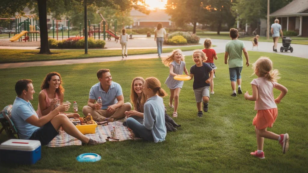 Friends relaxing in a park while watching children play frisbee nearby in Middletown, KY.