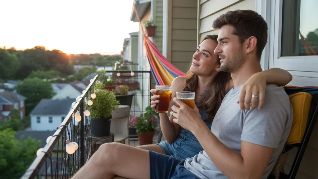 A couple relaxes on their cozy apartment balcony in Brentwood, TN at sunset