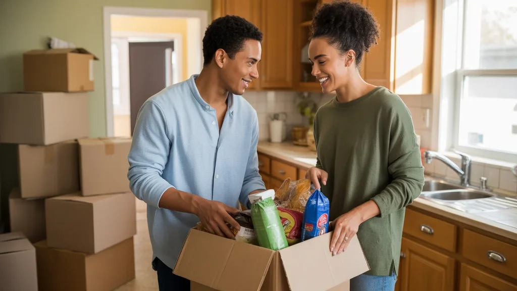 Couple unpacking groceries in new Antioch home kitchen