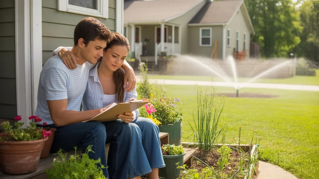 Couple reviewing paperwork on front porch of suburban home