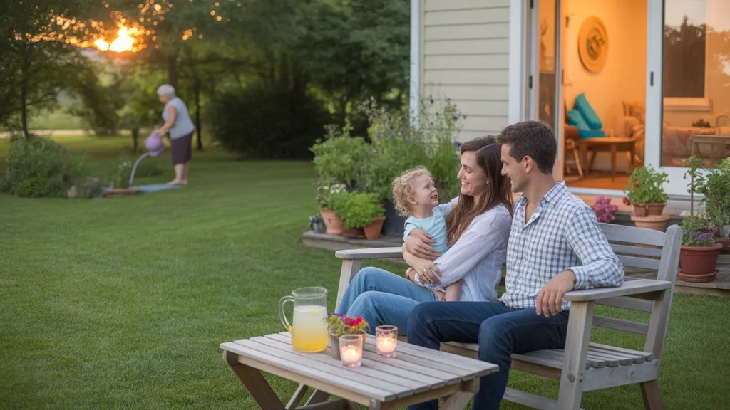 A couple sits on a porch swing in their Nicholasville backyard at sunset, enjoying a peaceful summer evening at home with their young child.