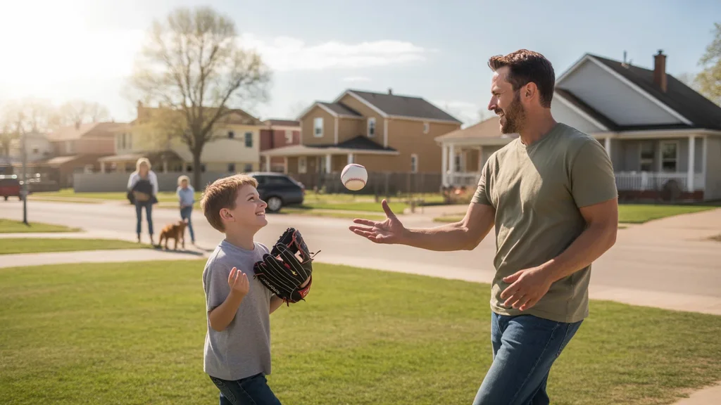 Father and son playing catch in a neighborhood park in Oklahoma City