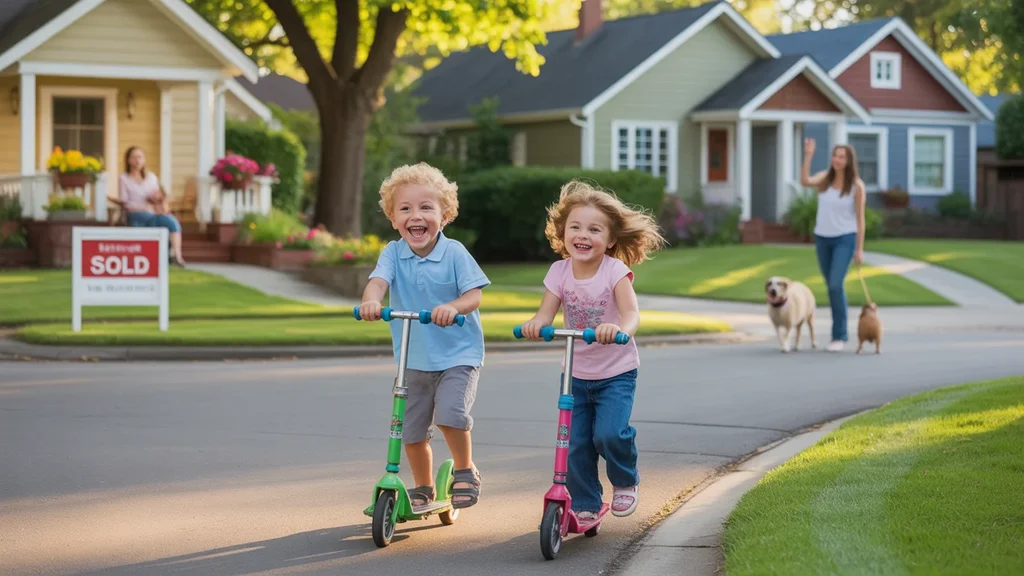 Children riding scooters on sidewalk in front of homes in Tigard neighborhood