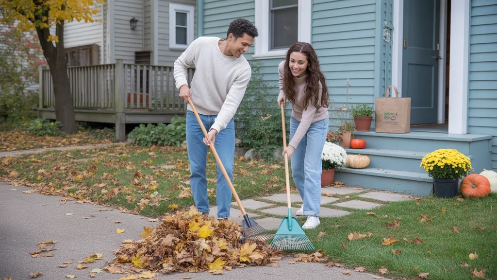 Couple sweeping driveway of Evanston duplex on fall morning