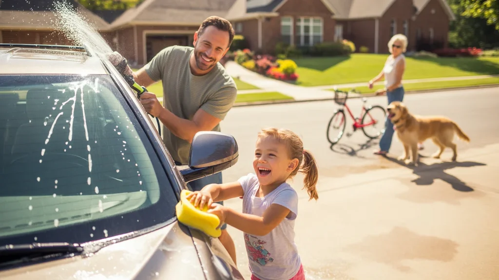 Father and daughter washing car together in driveway of Plano suburban home