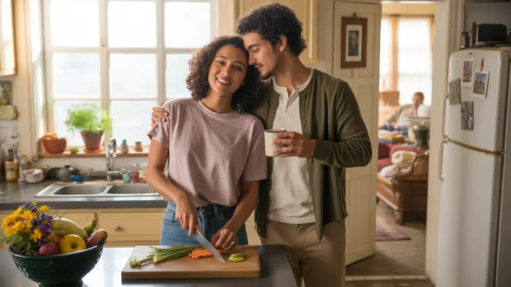 A couple prepares a meal together in their cozy Hendersonville kitchen on a sunny morning.