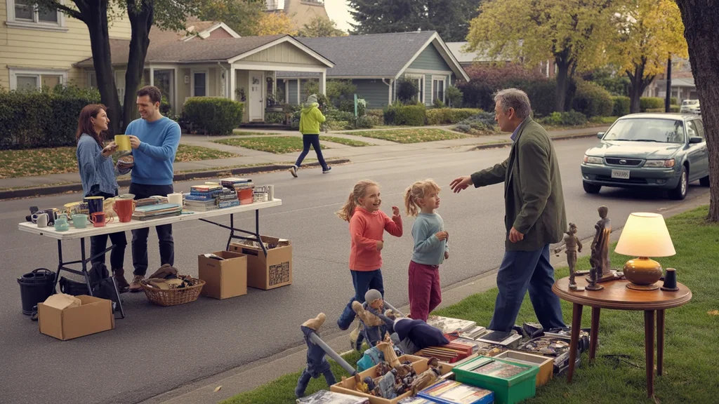 Neighbors chatting at garage sales outside a condo and bungalow on a sunny fall morning in Portland, Oregon