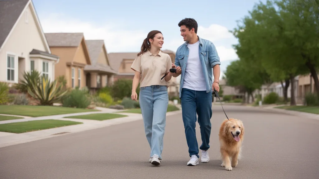 Couple walking dog on residential street in West Valley City, UT