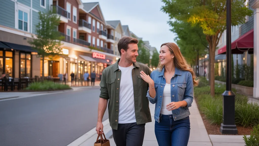 Friends admire the walkable mixed-use neighborhood in Huntersville, NC