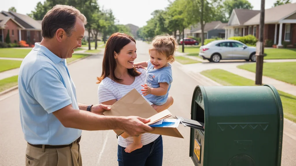Neighbors chatting while collecting mail on a quiet, sunny street in Norman, Oklahoma
