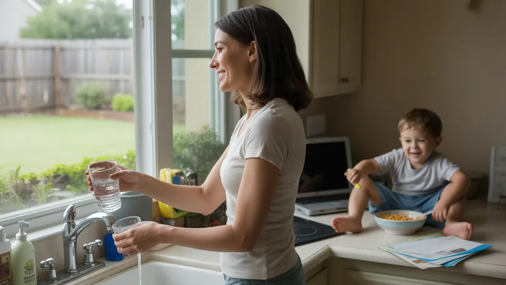 Woman pouring glass of water from kitchen sink faucet in Katy, TX home