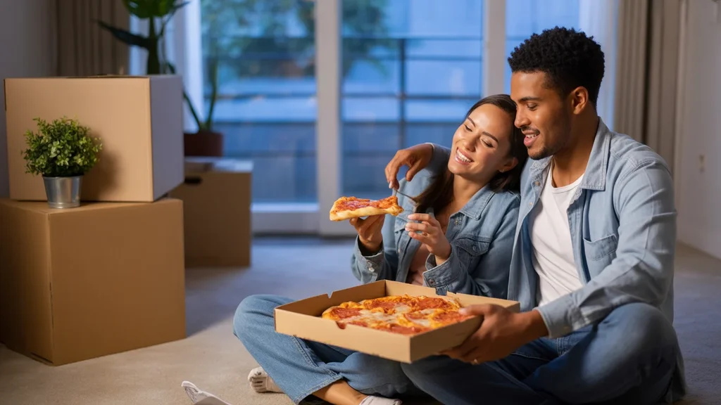 Young couple eating pizza on floor of new Beaverton apartment, surrounded by moving boxes