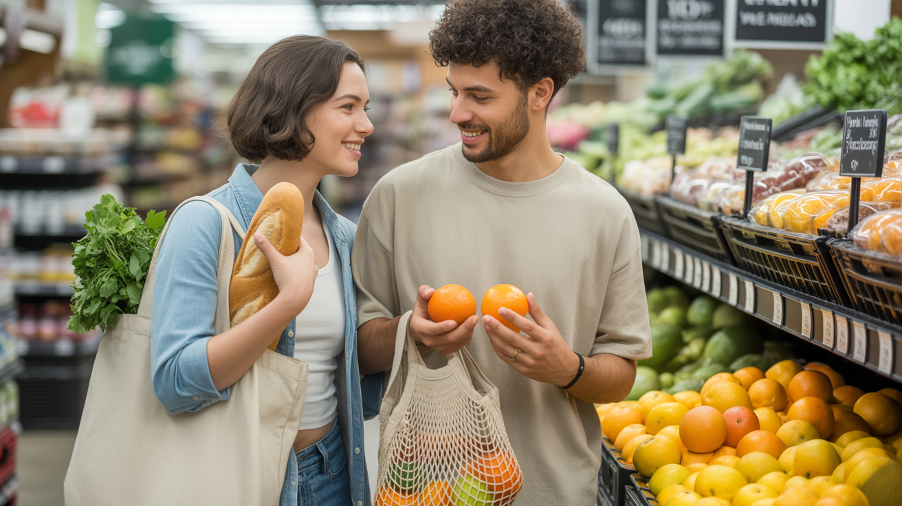 A couple compares oranges while grocery shopping together in Westminster, CA