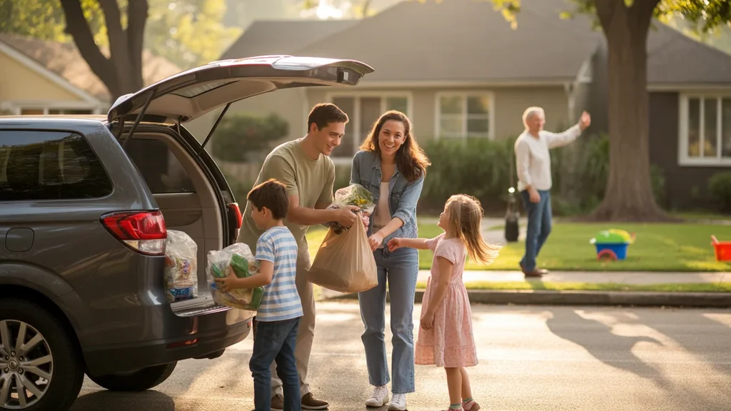 A young family unloads groceries in the driveway of their home in a quiet Norman, Oklahoma neighborhood at golden hour.