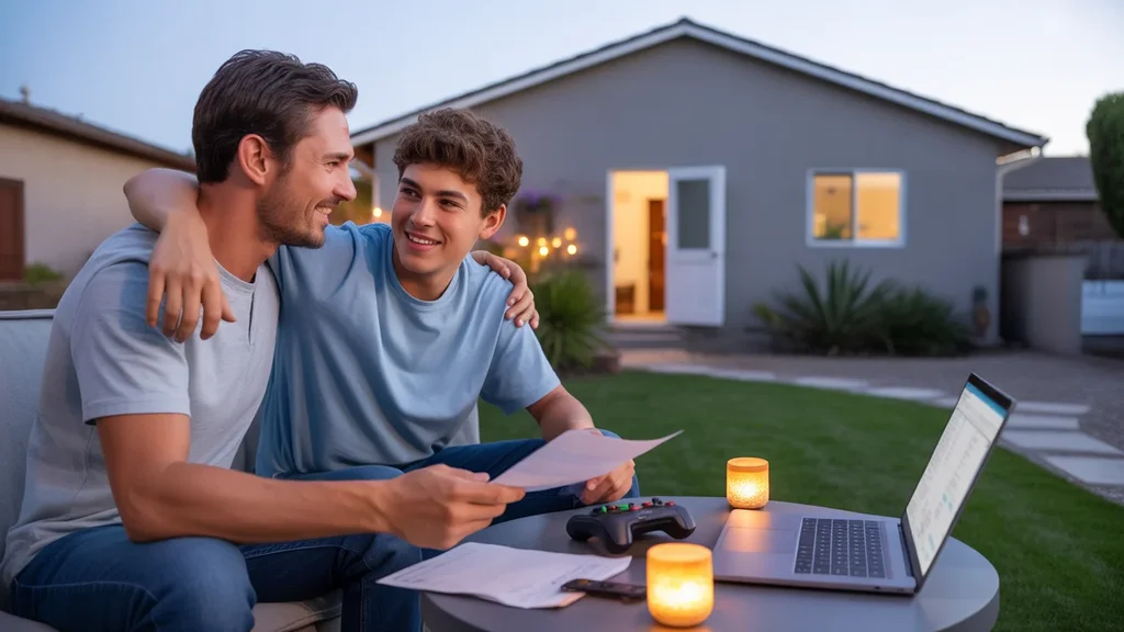 Father and teenage son reviewing a utility bill on back patio of their Fullerton home at dusk