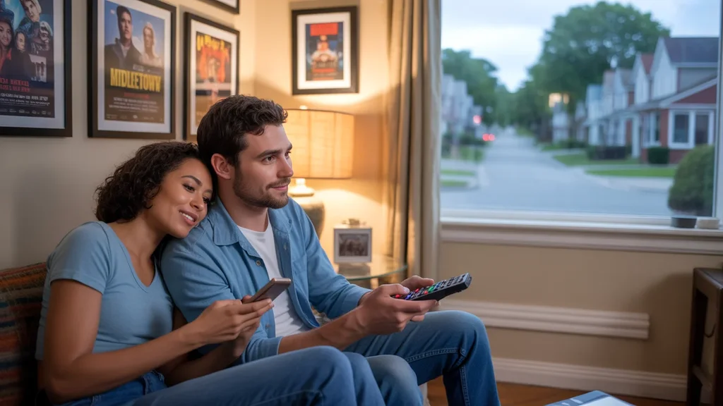 A couple streaming movies in their cozy Middletown apartment living room