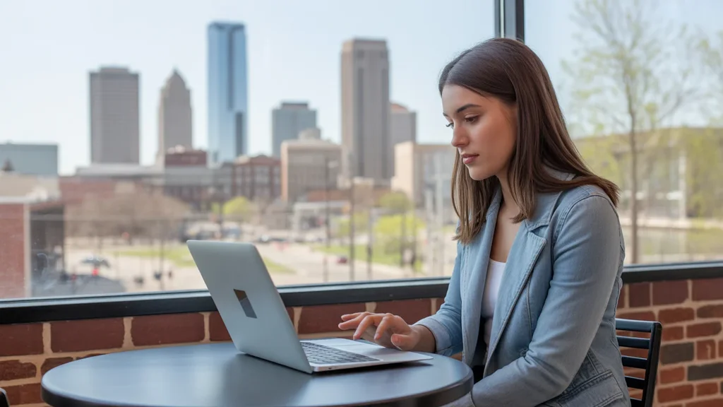A woman reviews apartment listings on her laptop at a cafe in Oklahoma City.