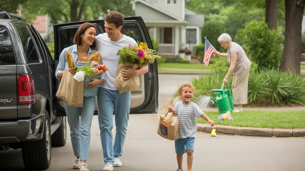 A couple unloads groceries from their car outside their home in Hermitage, TN while their toddler son helps carry a baguette.
