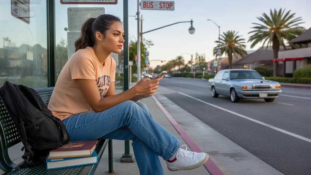 Student waiting for the bus at dusk in Orange, California