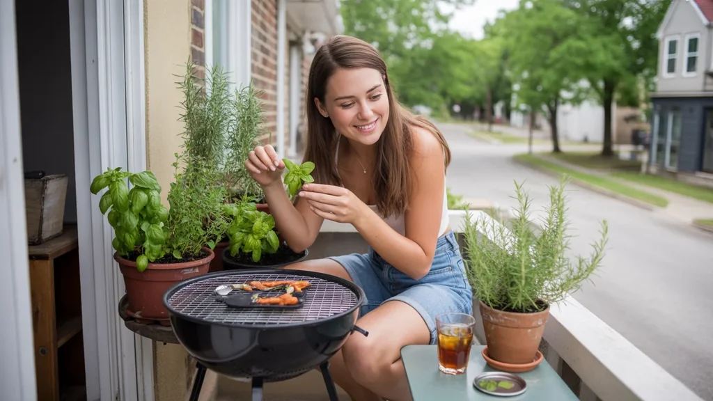 Woman tending herb garden on apartment patio in Antioch, TN