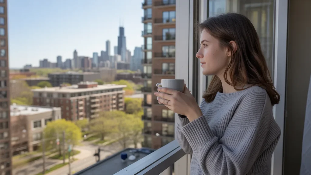 Woman drinking coffee and enjoying the view from her Evanston apartment with the Chicago skyline in the background