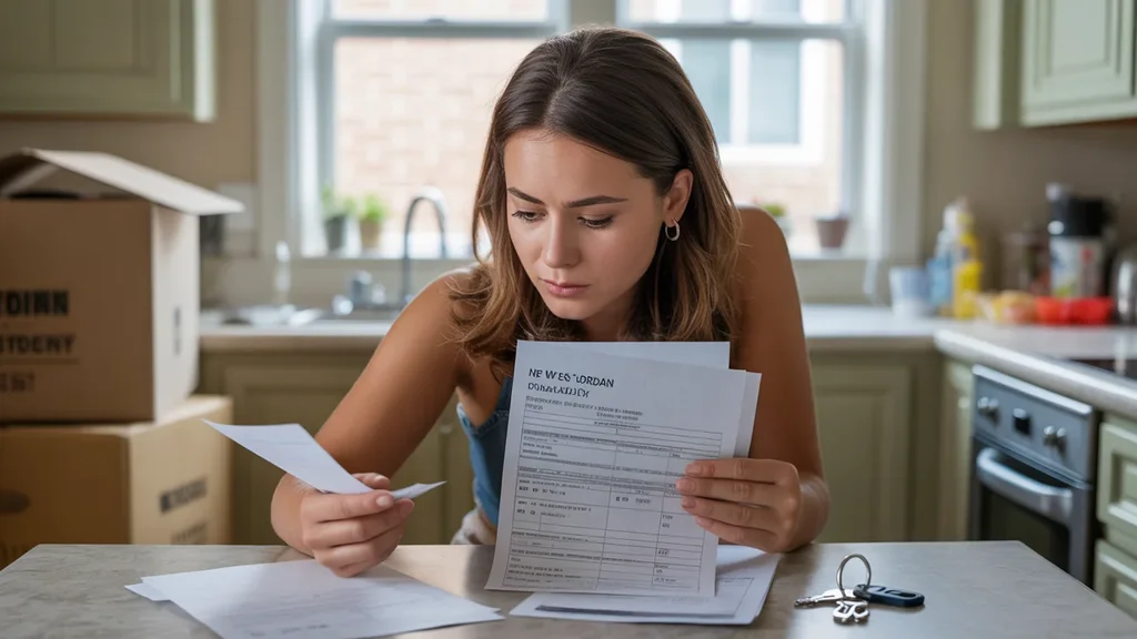 Woman reviewing utility bills and lease in her new West Jordan apartment
